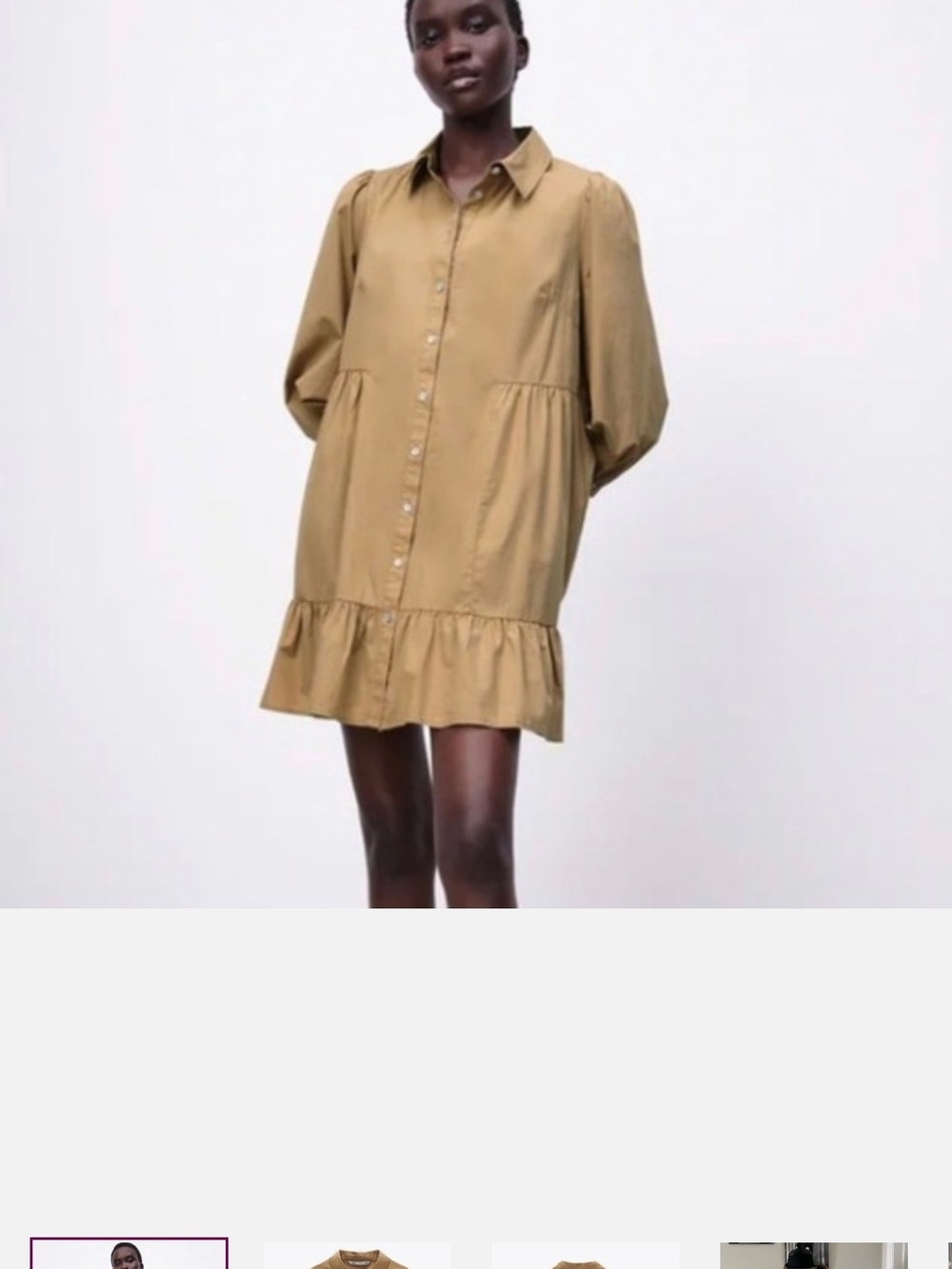 Zara Tan Button-Front Midi Dress with Puff Sleeves - Picture 2 of 5